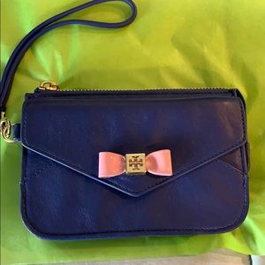 Tory Burch wristlet/wallet in blue w/ a pink bow